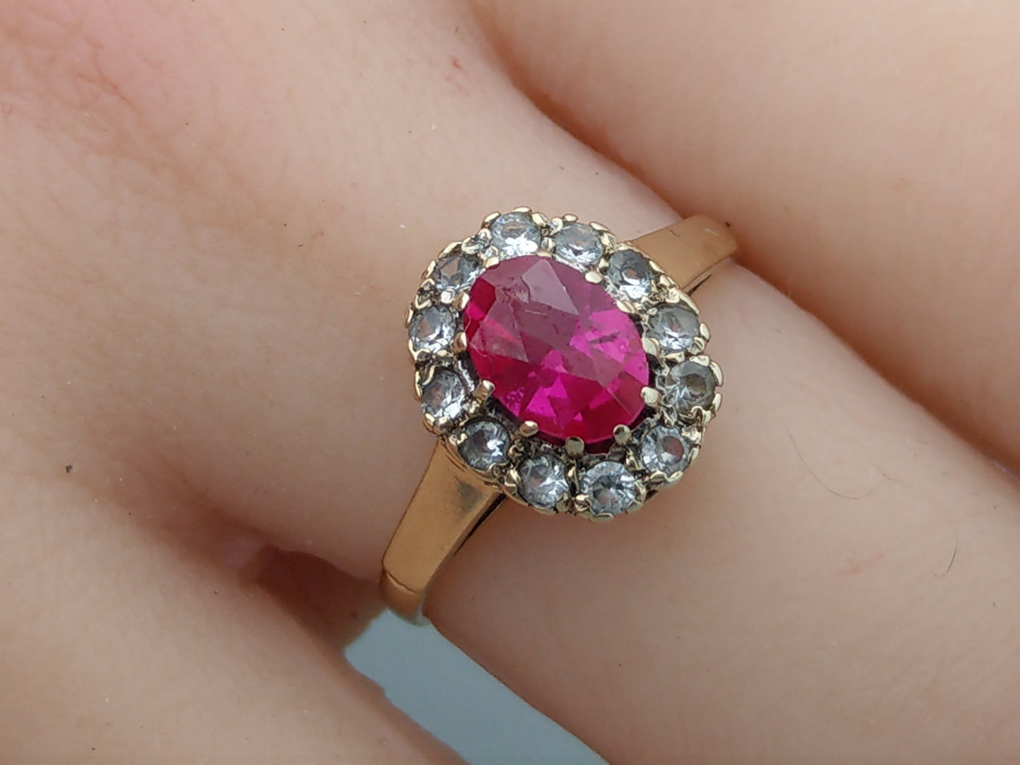 9ct Gold ring set with Pink Sapphire stone and white gem stones