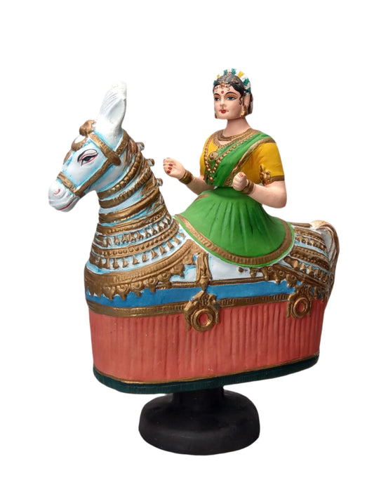 Idia Manipuri Folk Art Papier-Mâché Girl on Horseback Nodding Figure Dancing Queen.
