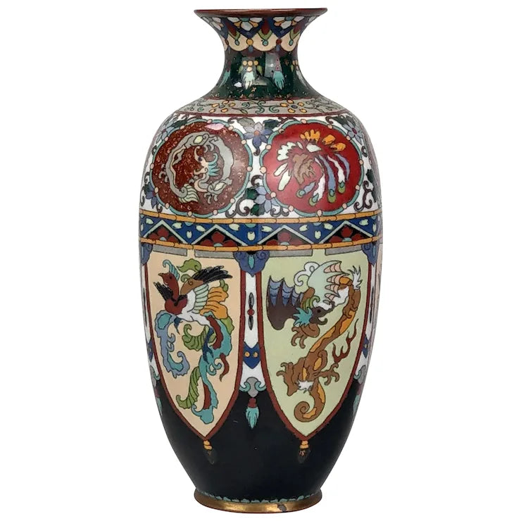 Antique Japanese Cloisonne Enamel Vase Meiji Period with Dragons