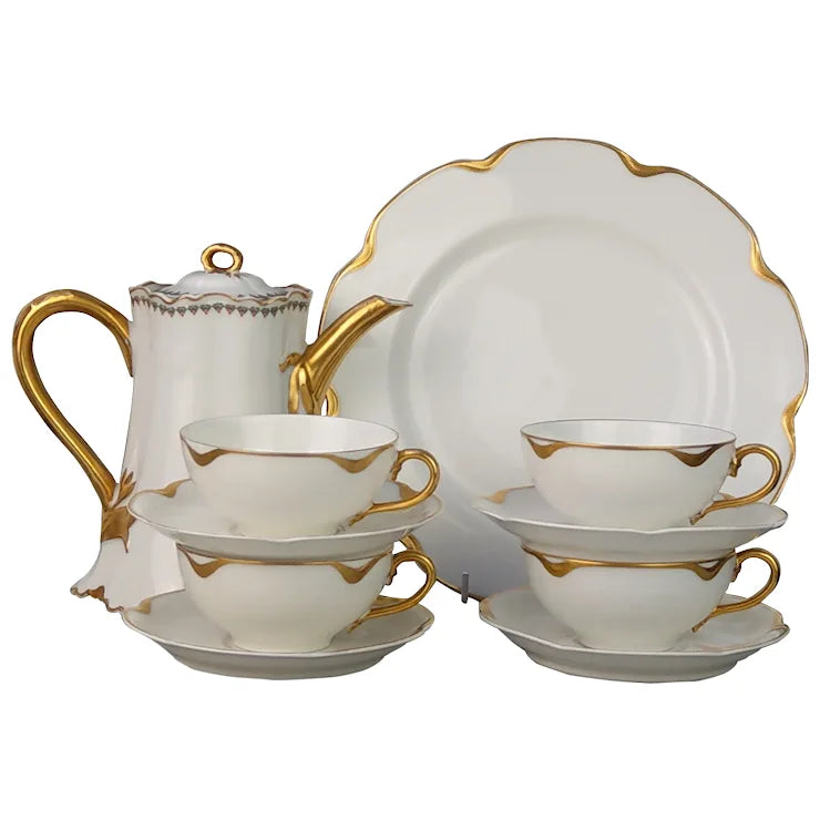 White & Gold Limoges Coffee pot with cups by Haviland