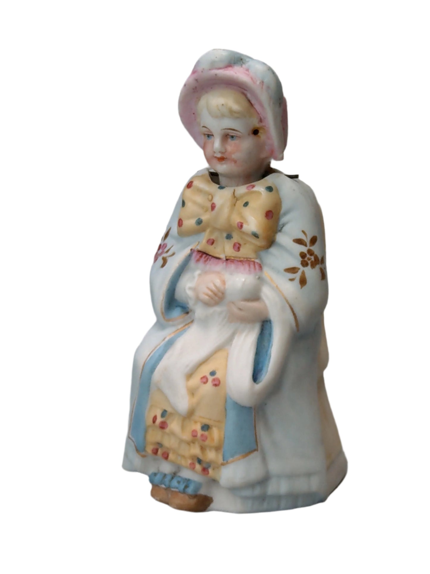 Nodding Head Figurine – Girl Knitting, German Bisque Porcelain