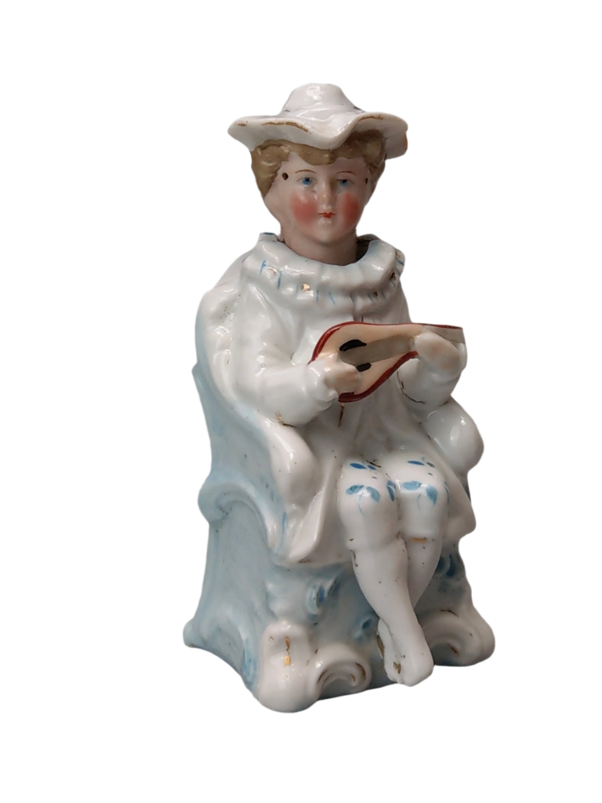 Nodding Head Figurine Boy with Mandolin German Bisque Porcelain