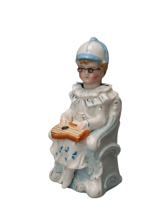 Nodding Head Figurine Girl with Lap Harp German Bisque Porcelain