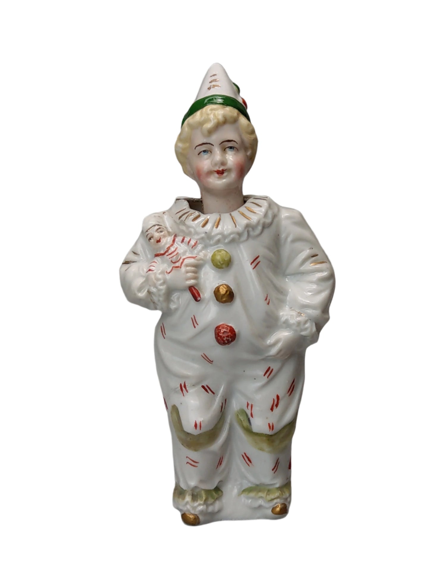 Nodding head figurine Boy in harlequin costume German Bisque porcelain