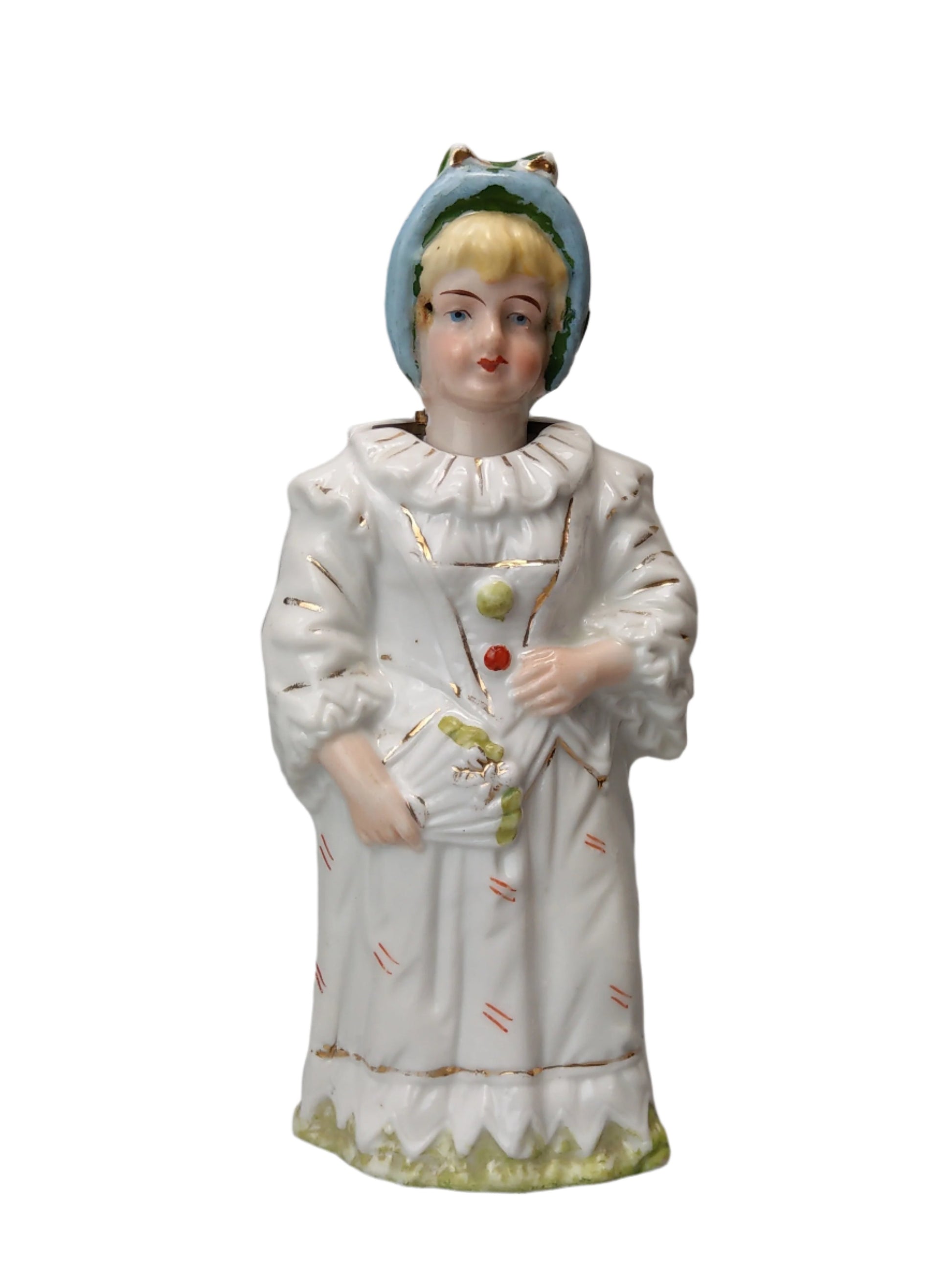 Nodding head figurine Girl in harlequin costume German Bisque porcelain