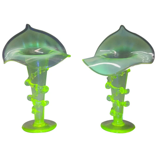 Pair of Jack in the Pulpit vases Vaseline Uranium Glass by Thomas Webb