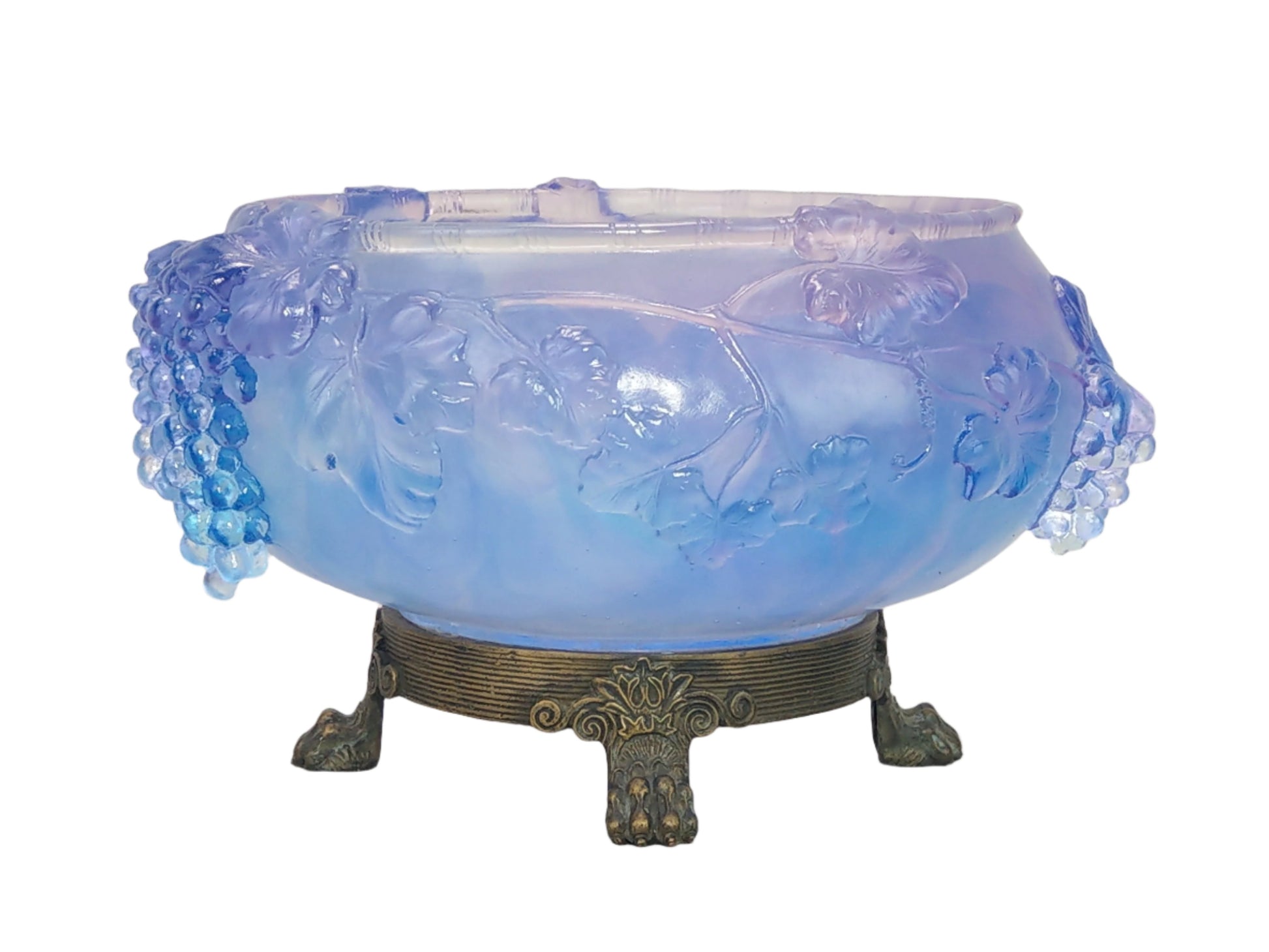 Pale Indigo Glass Bowl with Grapevine Motif on Brass Lion Feet, Pâte de Verre by I. Roubloff