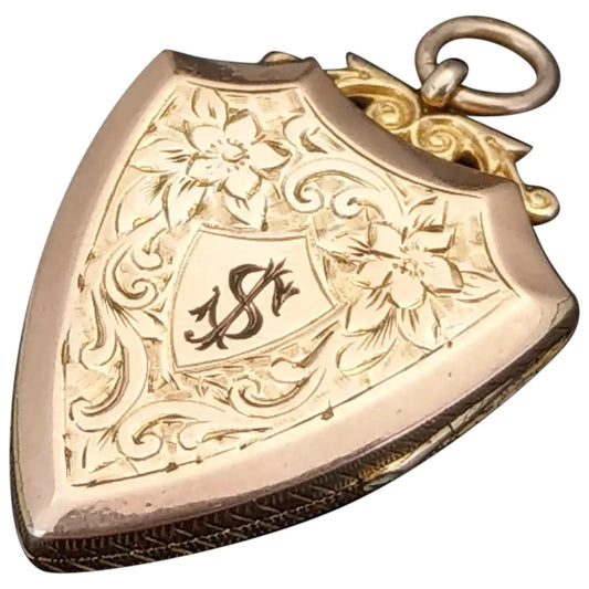 Shield Shaped Gold Filled Locket Floral pattern Cartouche Initials SJ