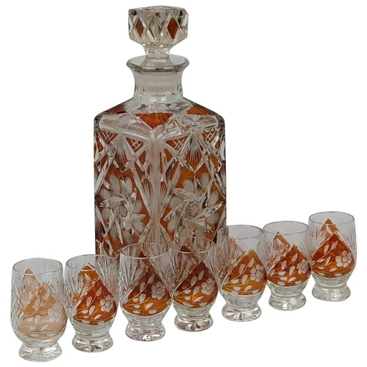 Bohemian Cut Glass amber flush Square Whisky Decanter