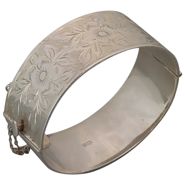 Sterling Silver Thick Bangle with etched flowers by Bracelon 60s