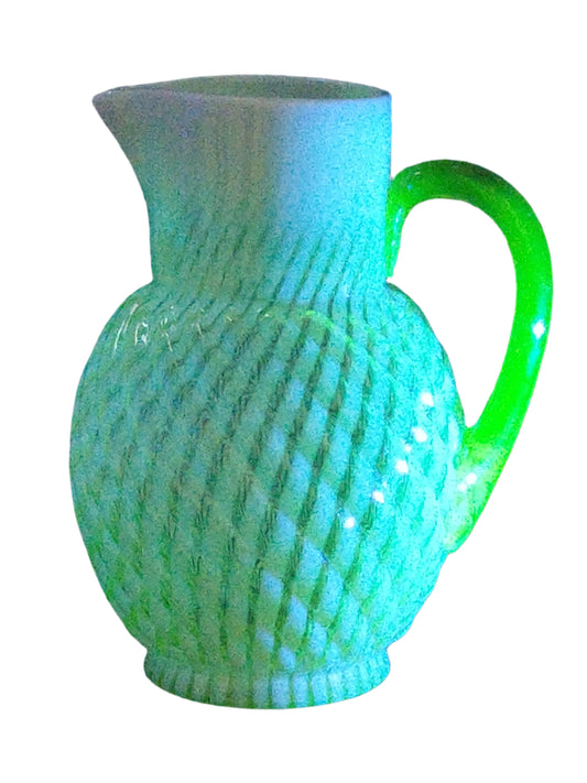 Vaseline Opalescent Glass Pitcher Reverse Swirl Buckeye No. 528
