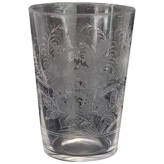 Victorian wedding needle etched glass beaker with flowers and monogram W.M.R