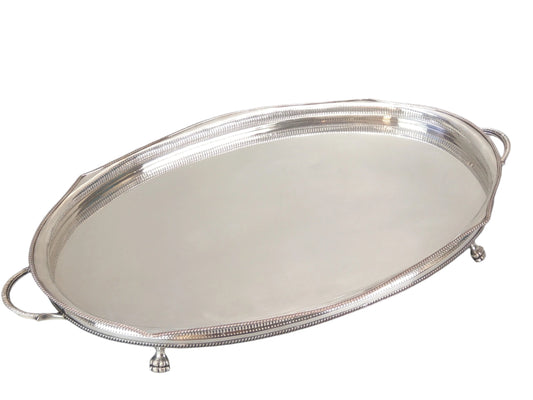 Large Silver-Plated Oval Gallery Tray with Lion Feet