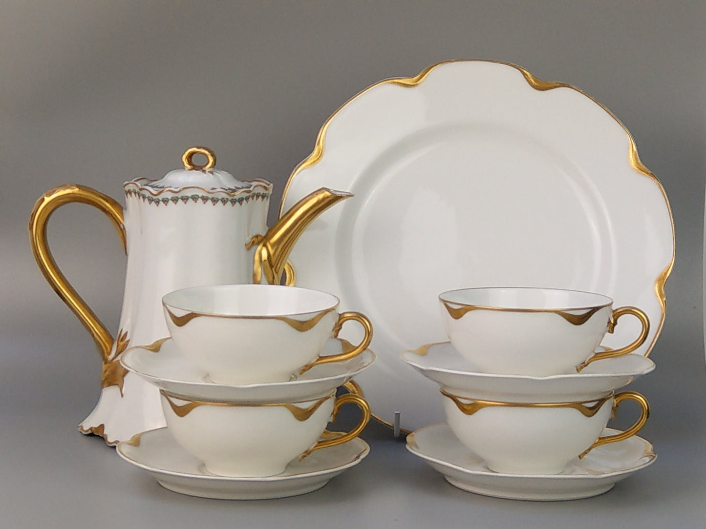 White & Gold Limoges Coffee pot with cups by Haviland