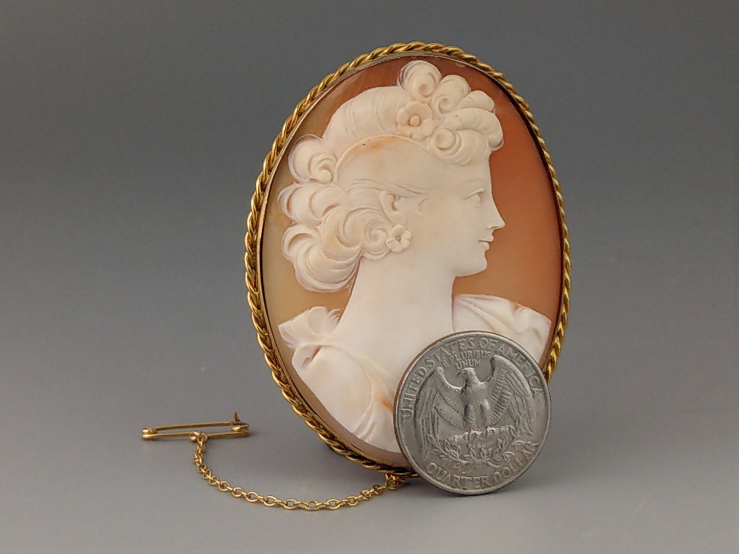 Victorian Large Shell Cameo Brooch set in rolled gold