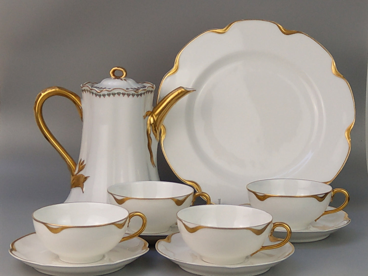 White & Gold Limoges Coffee pot with cups by Haviland