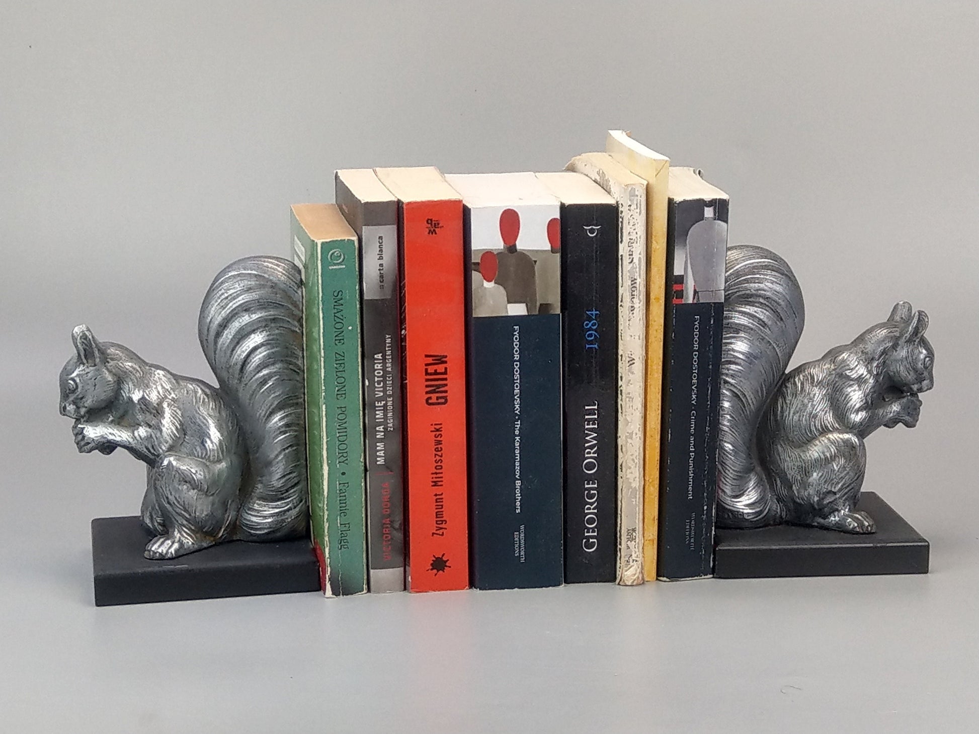 French Art Deco silver squirrel bookends slate base