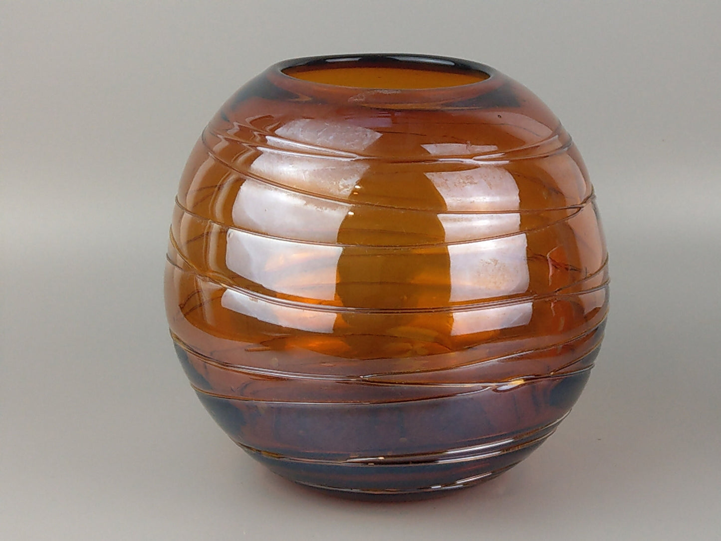 Vintage Spherical Vase Amber Glass with clear Swirl applied