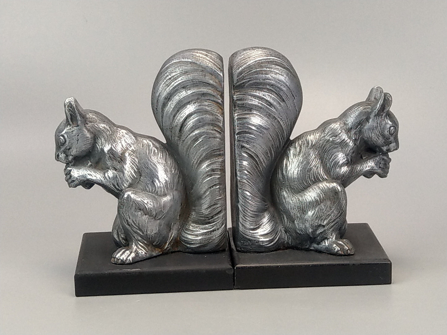 French Art Deco silver squirrel bookends slate base