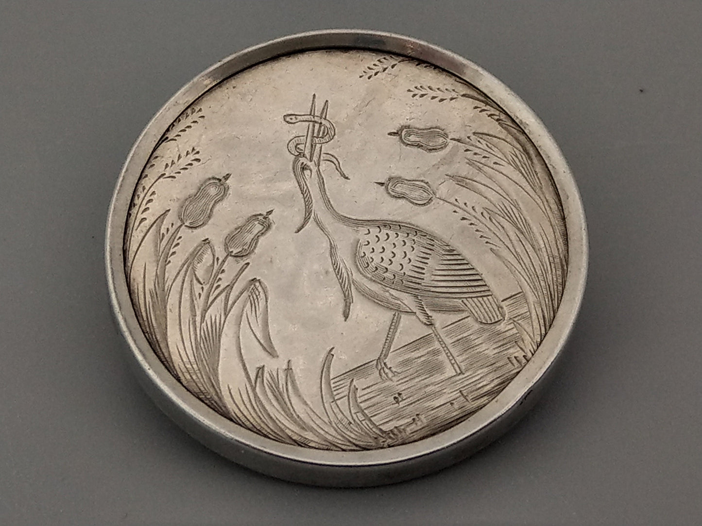 Large Sterling Silver etched Brooch with Crane by George West c1875