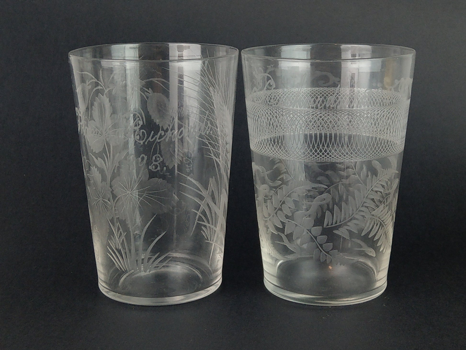 Prohibition Gems - Victorian wedding etched glasses beakers Caroline &amp; Thomas Richards dated 1898