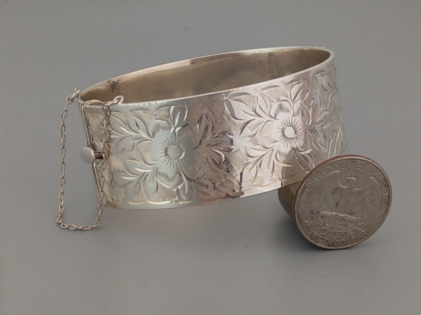 Sterling Silver Thick Bangle with etched flowers by Bracelon 60s