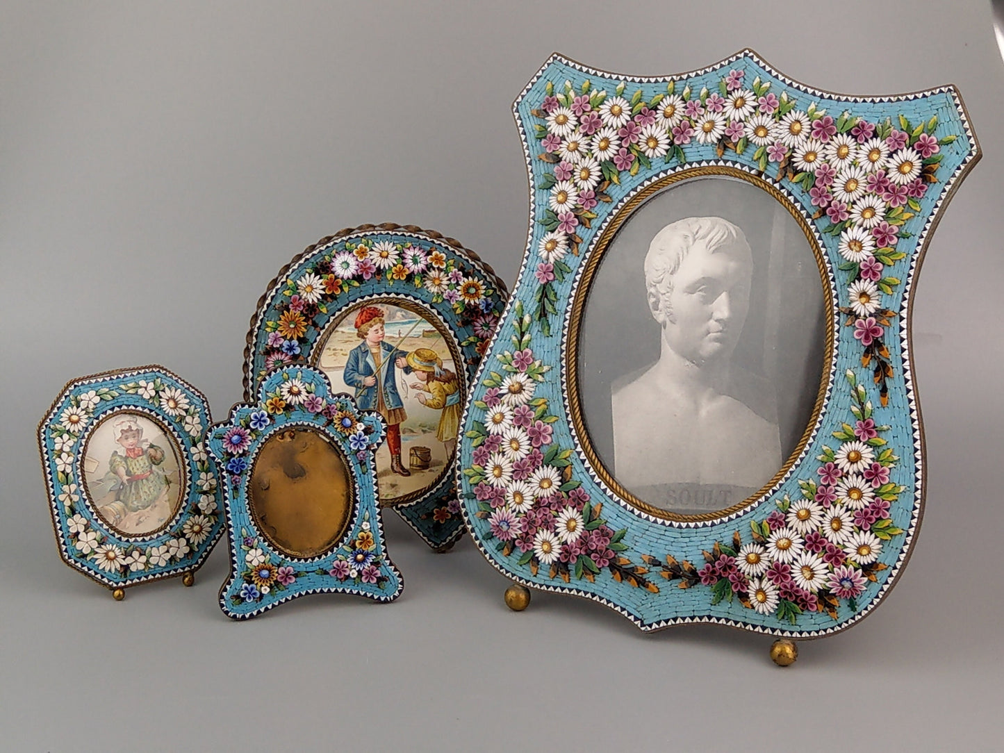 Antique Italian Micro Mosaic Large photo frame Shield shaped with turquoise background and flowers