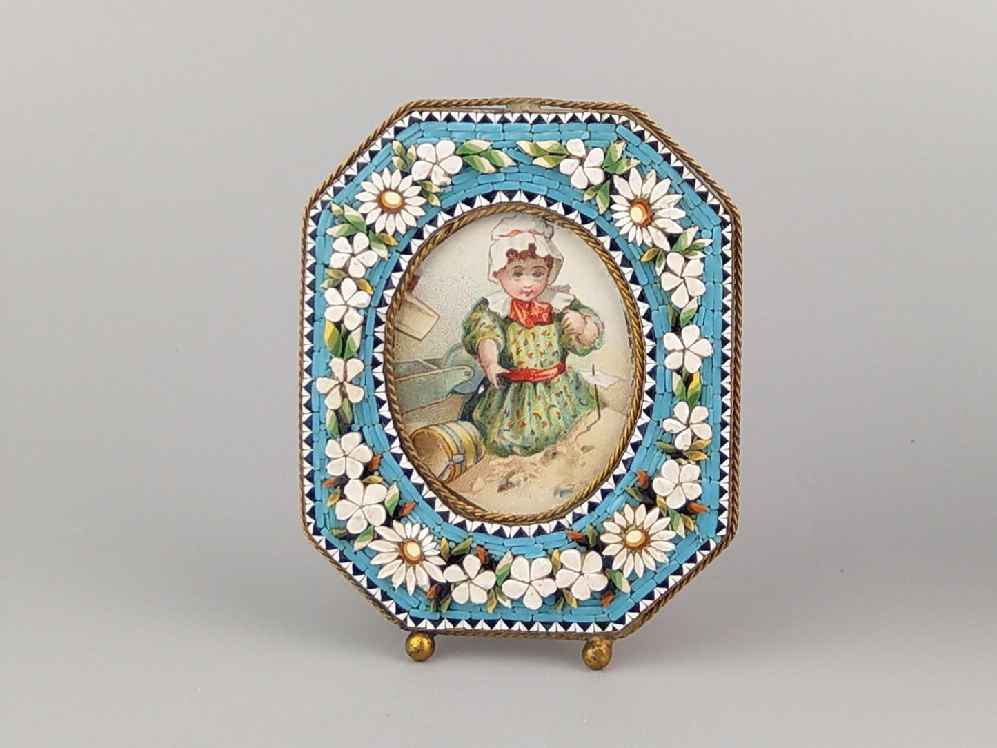 Antique Italian Micro Mosaic Small photo frame Octagonal shaped with turquoise background and flowers