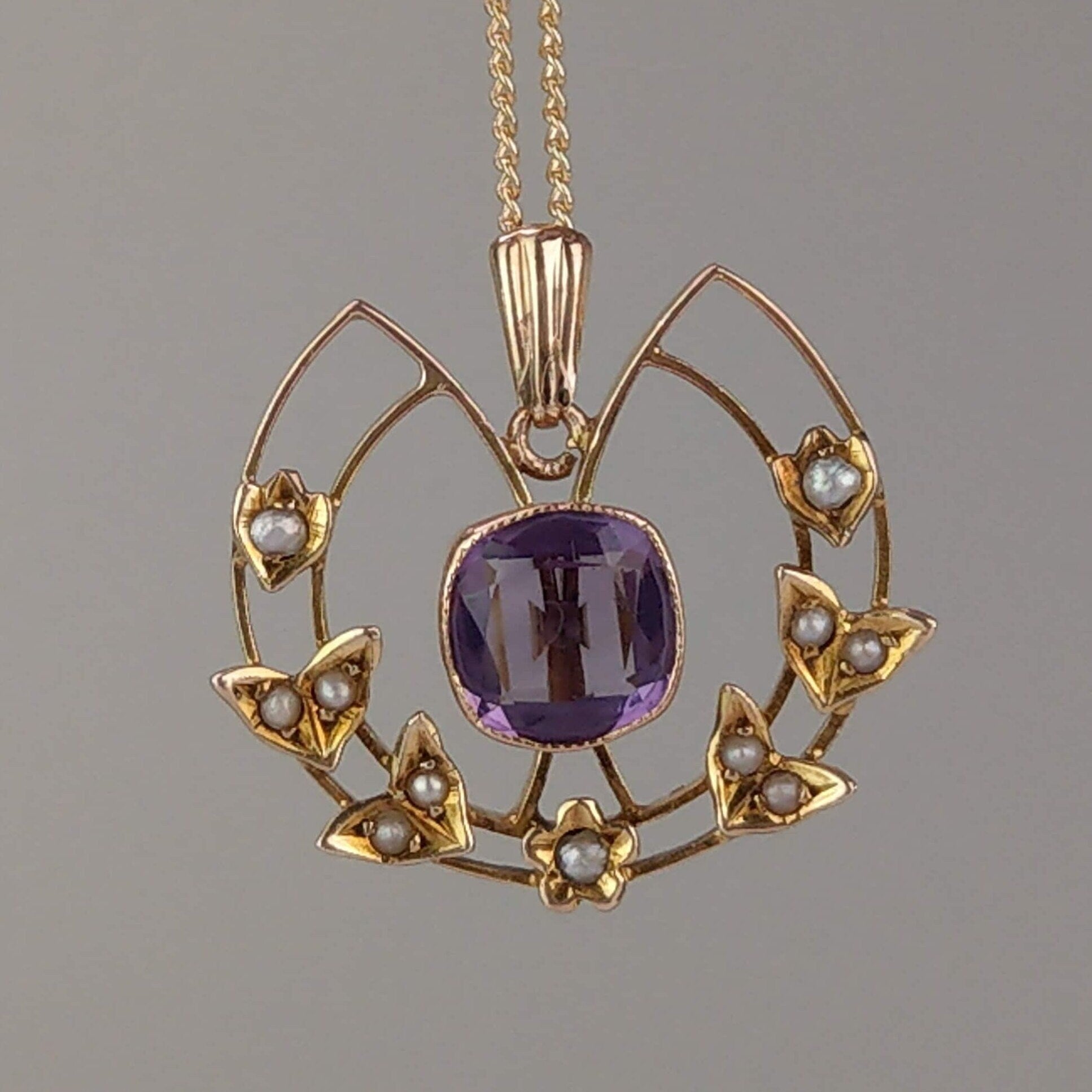 9ct Gold Art Nouveau Amethyst and split pearls openwork Pendant necklace