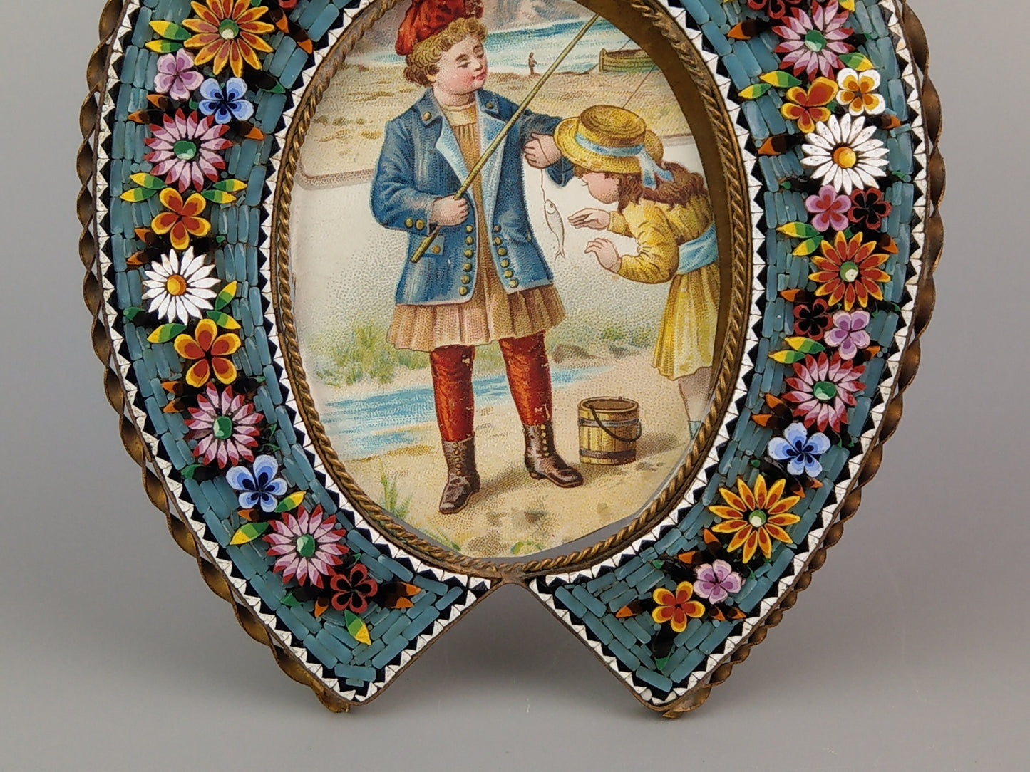 Antique Italian Micro Mosaic photo frame Collar shaped with turquoise background and flowers