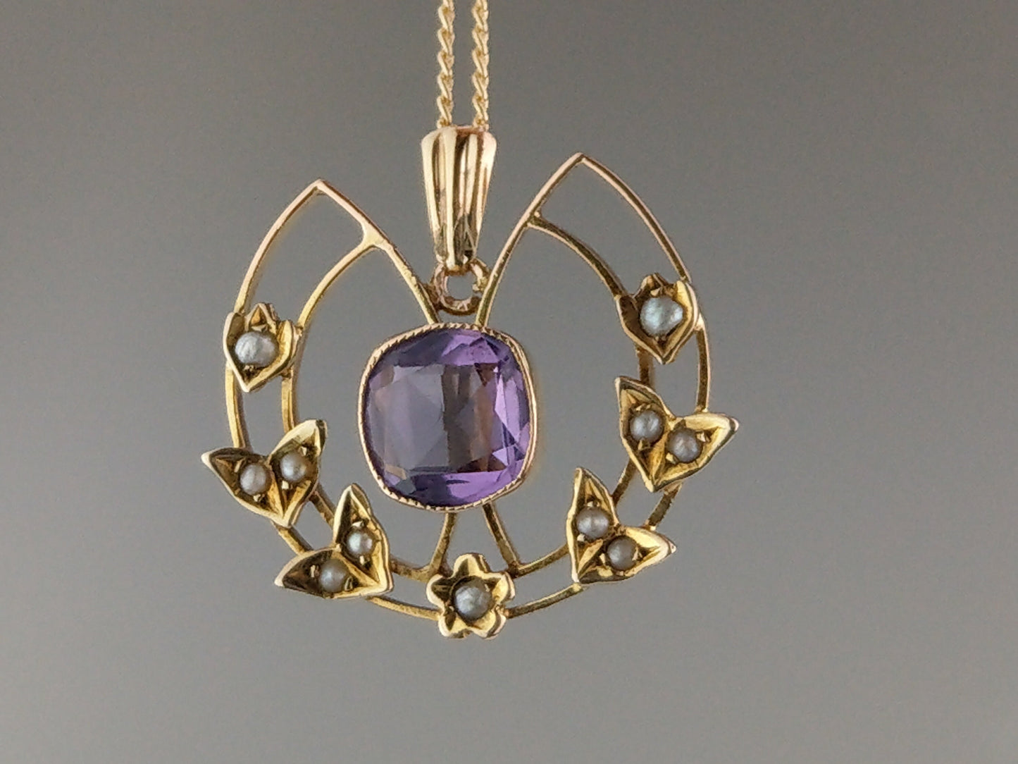 Art Nouveau Amethyst and split pearls openwork Pendant necklace set in 9ct gold